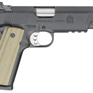 Black springfield armory pistol with a textured, light tan grip and a silver trigger.