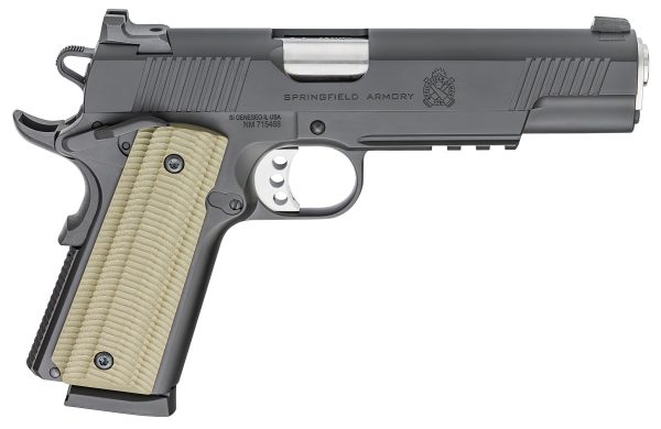Black springfield armory pistol with a textured, light tan grip and a silver trigger.