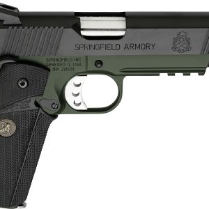 Olive green and black springfield armory pistol with textured black grip.