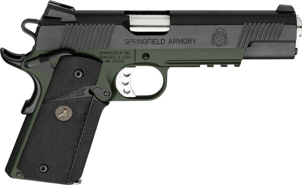 Olive green and black springfield armory pistol with textured black grip.