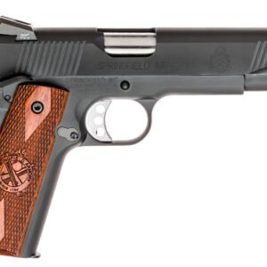 A black and silver springfield armory pistol with textured brown wood grips and engraved logo.