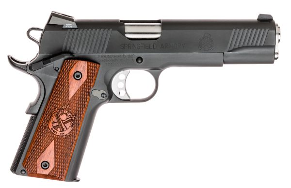 A black and silver springfield armory pistol with textured brown wood grips and engraved logo.