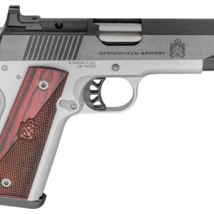 Silver and black springfield armory handgun with reddish-brown wooden grip, showcasing intricate engraving.