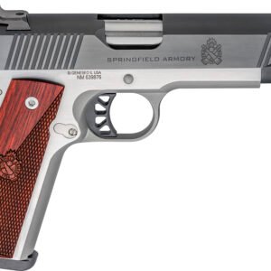 Silver and black handgun with a polished finish and dark brown wooden grip, featuring the springfield armory logo.