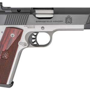 Silver and black springfield armory handgun with a brown textured wooden grip.