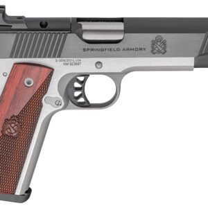 Stainless steel and black springfield armory handgun with wooden textured grip.