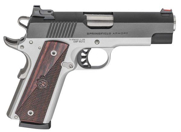 Silver and black springfield armory pistol with dark wood grip panels and engraved text.