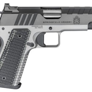 Silver and black semi-automatic handgun with textured grip, labeled "springfield armory. "