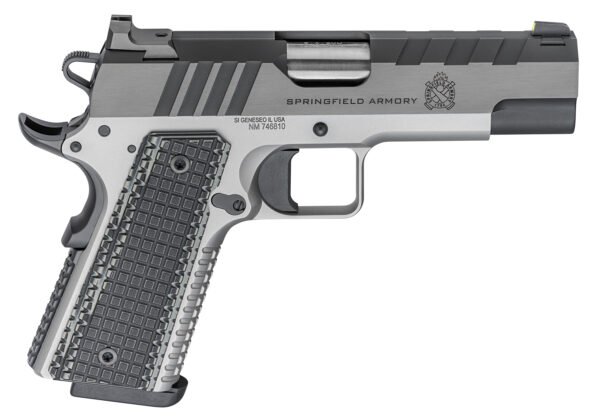 Silver and black semi-automatic handgun with textured grip, labeled "springfield armory. "