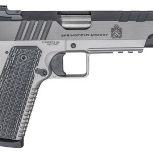 Silver and black springfield armory handgun with textured grip, showcasing firearm details.