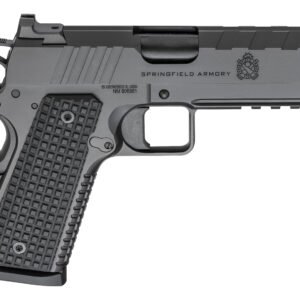 Black springfield armory handgun with textured grip and engraved markings.