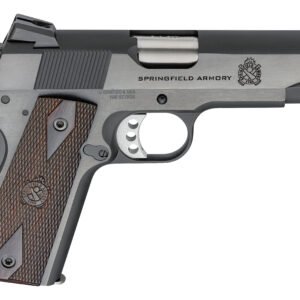 A black and silver handgun with textured wooden grips, labeled "springfield armory. "