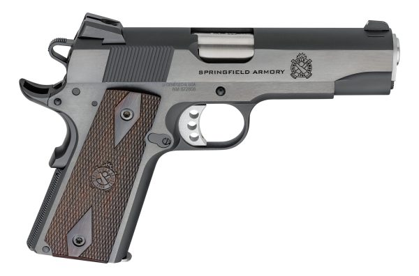 A black and silver handgun with textured wooden grips, labeled "springfield armory. "