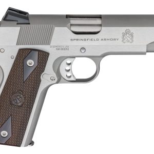Silver springfield armory pistol with brown textured grip.