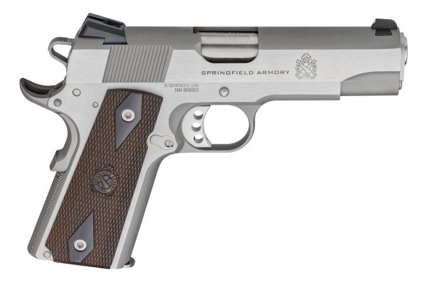 Silver springfield armory pistol with brown textured grip.