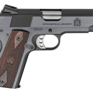 A black springfield armory handgun with a silver slide and textured brown wooden grip, displaying detailed engravings.