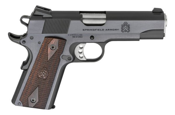 A black springfield armory handgun with a silver slide and textured brown wooden grip, displaying detailed engravings.