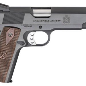 Black and silver springfield armory pistol with brown wooden grip featuring textured pattern, shown against a white background.