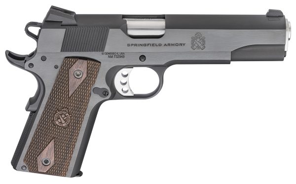 Black and silver springfield armory pistol with brown wooden grip featuring textured pattern, shown against a white background.