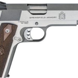 Silver and black springfield armory pistol with textured wooden grips.