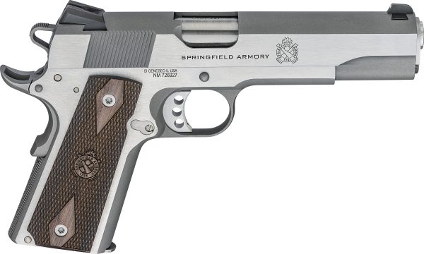 Silver and black springfield armory pistol with textured wooden grips.