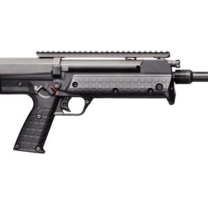 Black semi-automatic bullpup rifle with picatinny rail and ergonomic grip, showcased on a white background.