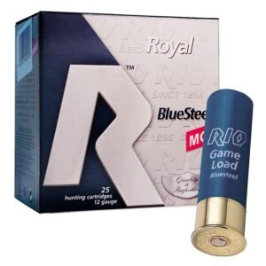 Box of rio royal bluesteel 12 gauge hunting cartridges with a blue shotgun shell displayed.