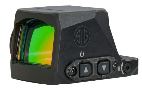 Black firearm sight with green reflective lens and controls, sig logo, related to firearms and guns in casey, iowa.