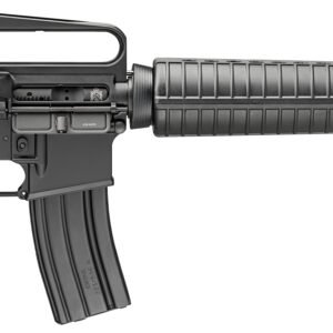 Black semi-automatic rifle with a textured grip, fixed stock, and detachable magazine, featuring an a2-style handguard and flash suppressor.