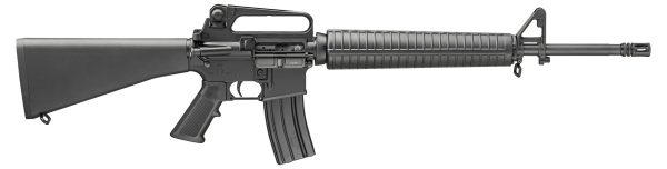 Black semi-automatic rifle with a textured grip, fixed stock, and detachable magazine, featuring an a2-style handguard and flash suppressor.