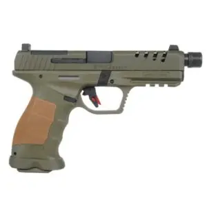 Olive green and tan handgun with black accents, featuring serrated slide and textured grip.