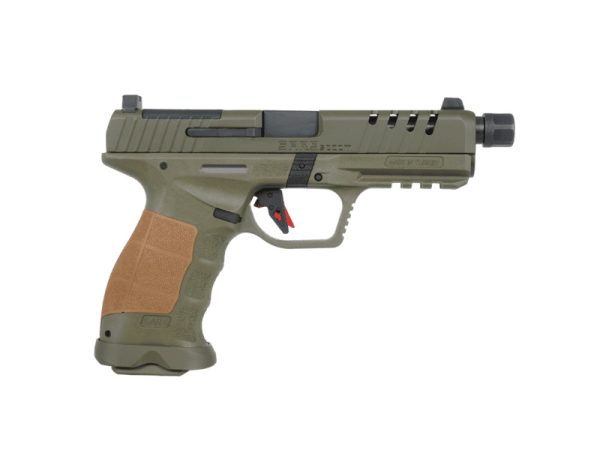 Olive green and tan handgun with black accents, featuring serrated slide and textured grip.