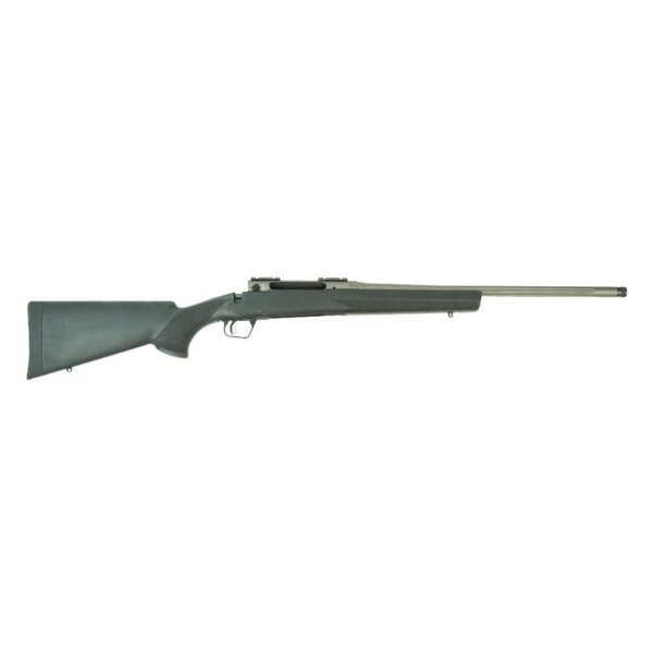 A bolt-action rifle with a matte black stock and stainless steel barrel.