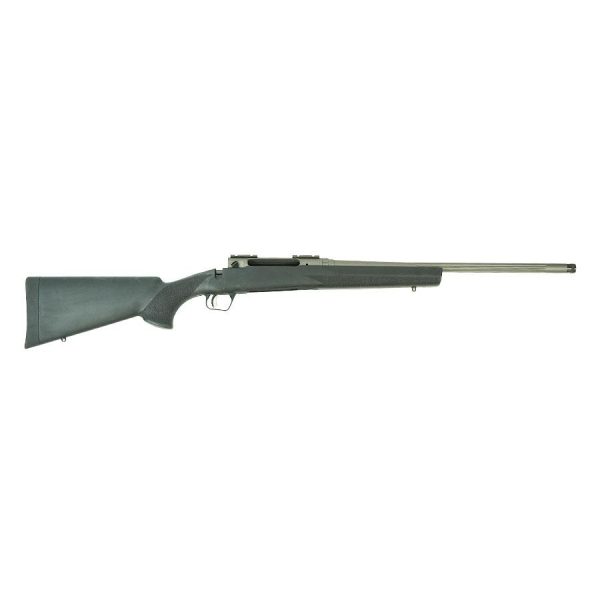 A black and silver bolt-action rifle with a long barrel and sleek design against a white background.