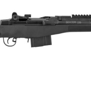 Black semi-automatic rifle with matte finish, integrated rail system, and synthetic stock.