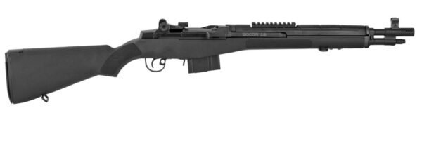 Black semi-automatic rifle with matte finish, integrated rail system, and synthetic stock.