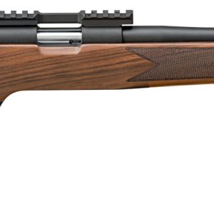 Wooden stock hunting rifle with black barrel and scope mount on a white background.