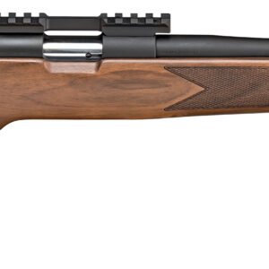 Brown wooden rifle with a black barrel and checkered grip design.