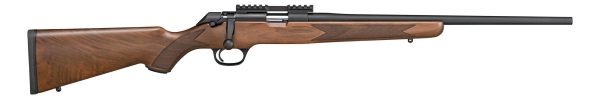 Brown wooden rifle with a black barrel and checkered grip design.