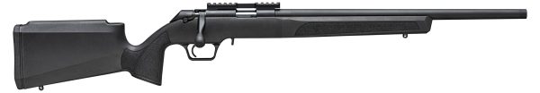 Black bolt-action rifle with textured stock, shown in full side view, isolated on white background.