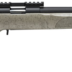 Modern bolt-action rifle with a speckled beige synthetic stock and a black matte barrel, suitable for firearms enthusiasts.