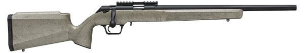 Modern bolt-action rifle with a speckled beige synthetic stock and a black matte barrel, suitable for firearms enthusiasts.