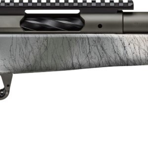 Bolt-action rifle with a textured gray and white marble stock, matte black barrel, and tactical rail.