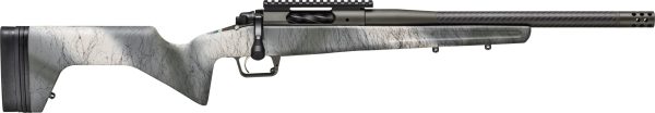 Bolt-action rifle with a textured gray and white marble stock, matte black barrel, and tactical rail.