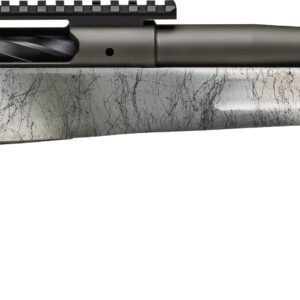 Bolt-action rifle with a grey and black marble-patterned stock, black barrel with muzzle brake, and tactical rail mount.