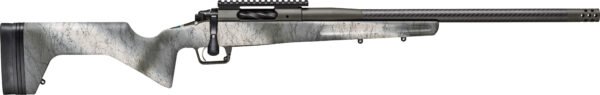 Bolt-action rifle with a grey and black marble-patterned stock, black barrel with muzzle brake, and tactical rail mount.