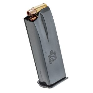 Steel firearm magazine with a blue-gray finish, partially loaded with brass-colored ammunition, featuring an engraved emblem.