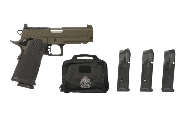 Olive green semi-automatic pistol with black grip, three black magazines, and a black carrying bag featuring an emblem.