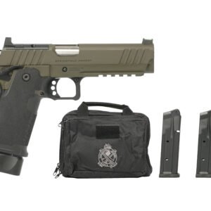 Olive green and black handgun with textured grip, three black magazines, and a black tactical bag displaying a logo.