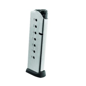 Silver firearm magazine with numerical markings and a black baseplate.